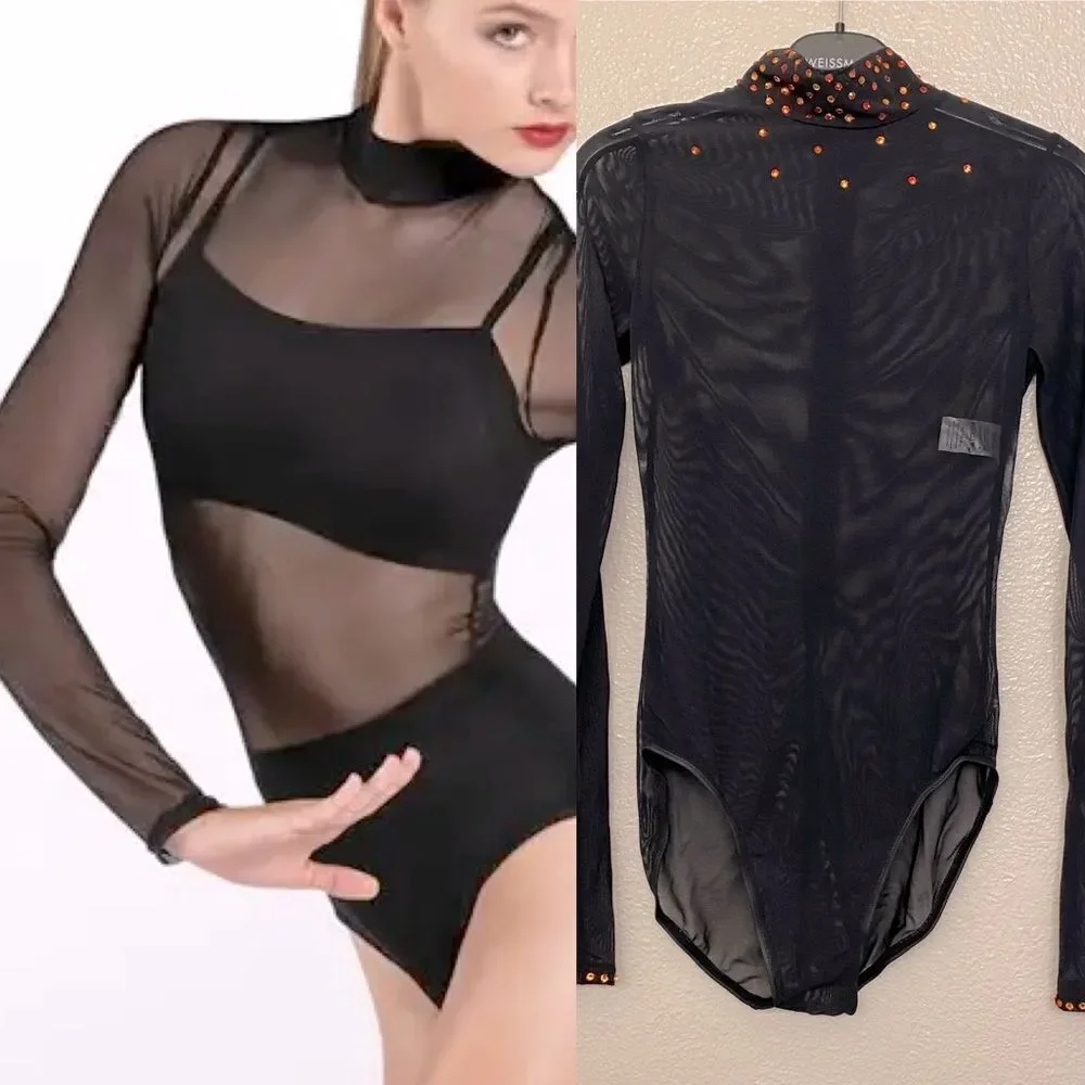 WEISSMAN Balera Dance black Long Sleeve Mesh Leotard overlay SM11109 SA adult